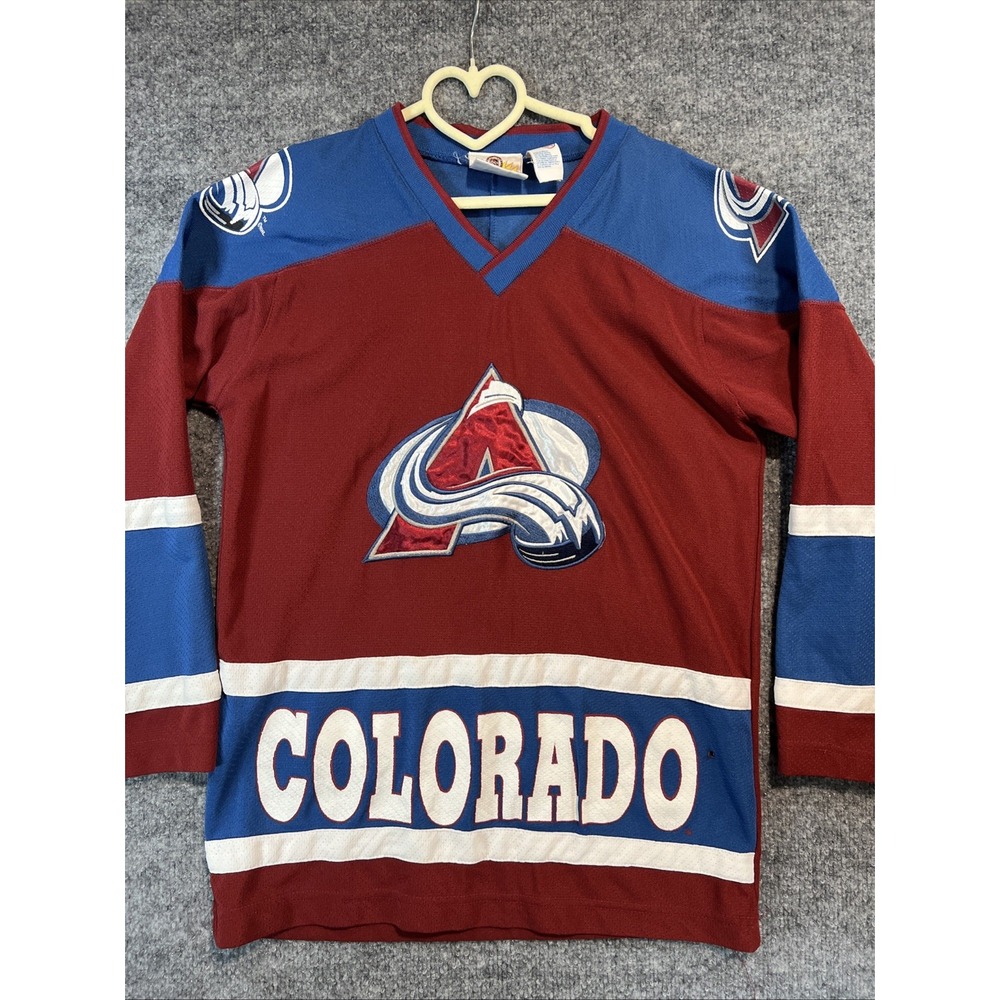 VTG 90s Colorado Avalanche Youth Jersey M 10/12 Spell Out Mighty Mac